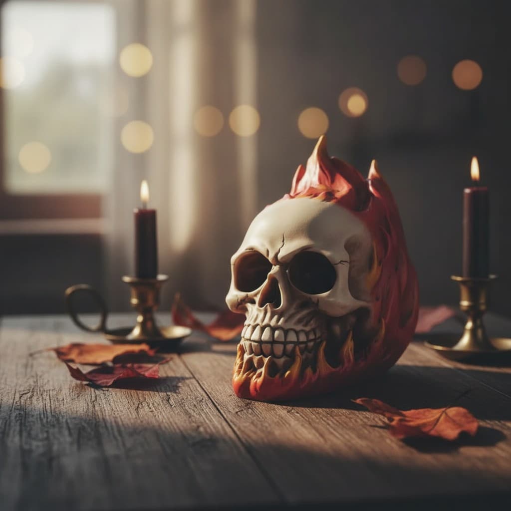 Crânio Com Chama Forma Externa Estatueta De Caveira Pintada À Mão Decorativa Assustadora Para Halloween , Mesa