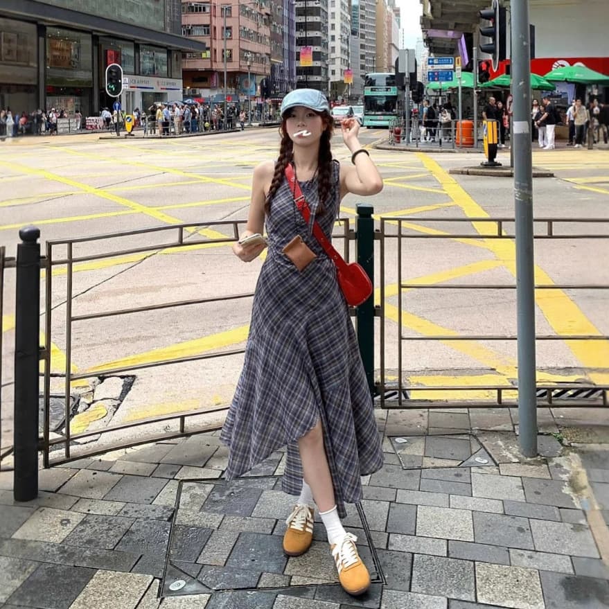 Hong Kong estilo Retro xadrez vestido feminino verão temperamento cintura estreita colete saia Design sentir nicho saia