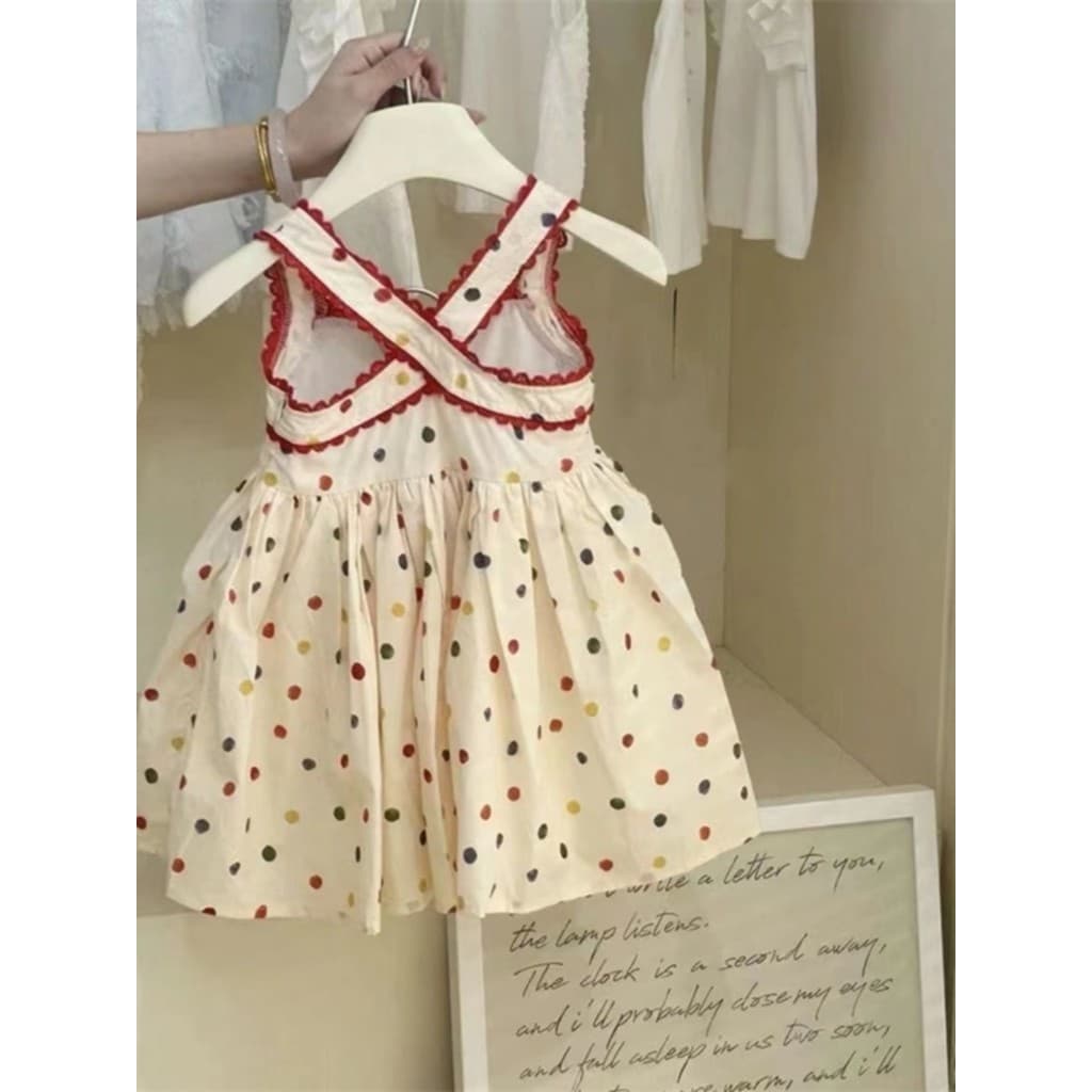 Meninas estilingue vestido 2026 verão novo estilo moda bebê vestido de princesa colorido bolinhas plissado vestido de fa