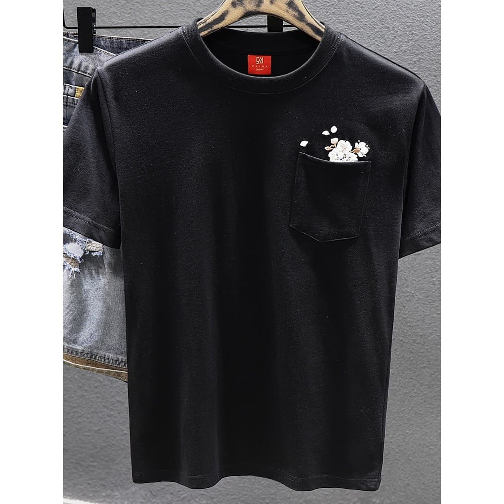 Primavera verão país na moda bordado masculino de manga curta estilo chinês camiseta puro algodão juventude impresso ind