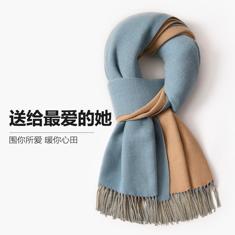Azul cáqui dupla face cor imitação de caxemira cachecol feminino outono inverno 2025 novo estilo High-End sentido babado