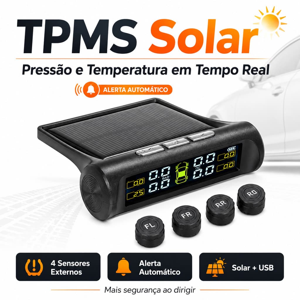 Monitor de Pressão dos Pneus TPMS Solar com 4 Sensores Externos, Alerta de Temperatura e Vazamento para Carro