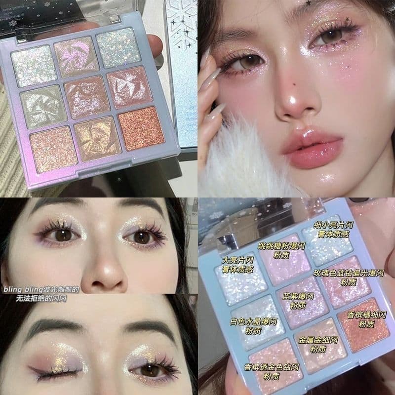 Sombra de Olhos de Nove Cores Pure Sweet Girl's Sparkling Snowflake - Ultra-Brilhante, Cintilante e Reluzente.
