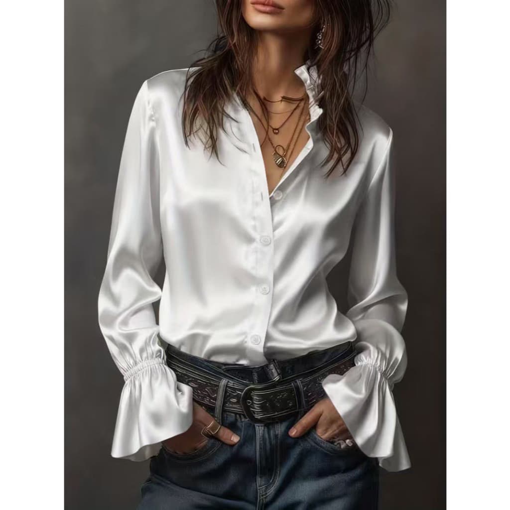 Camisa elegante feminina com mangas em sino, primavera e outono 2026, camisa de cetim branca de manga longa e camisa fem