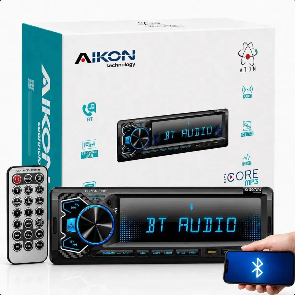 Rádio Carro MP3 Aikon Core-MP30005 Som Automotivo 1 Din Bluetooth USB-C FM Controle Remoto RGB 4x60W