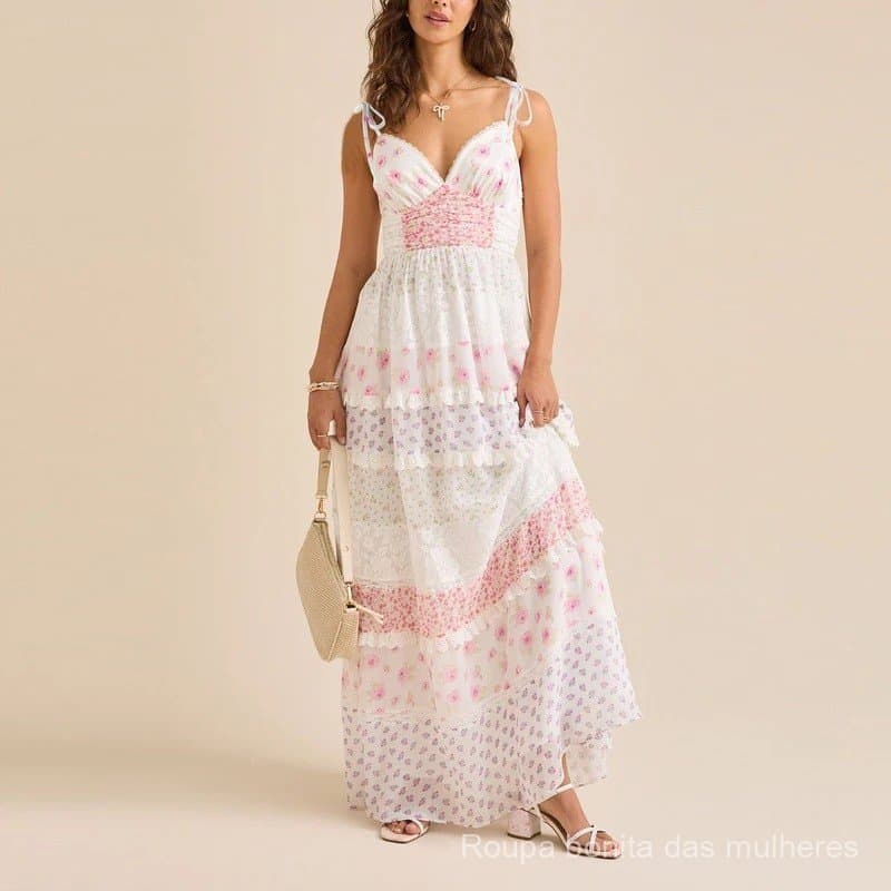 Vestido feminino floral com alças de amarrar, decote em V profundo, alças finas, costas abertas, corte em A, com camadas