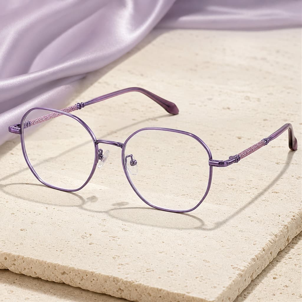 Armação De Óculos De Metal Geométrico Feminino Com Templos Decorativos , Lentes Transparentes , Ouro Roxo/Rosa
