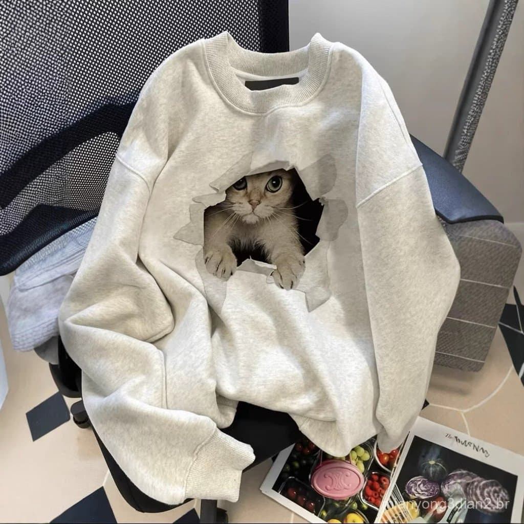 Estilo preguiçoso gato Casual manga comprida velo moletom feminino outono inverno solto nicho casal em torno do pescoço