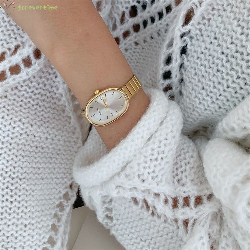 Relógio feminino oval pequeno com pulseira de bambu, relógio de estudante com pulseira de malha, relógio dourado feminin