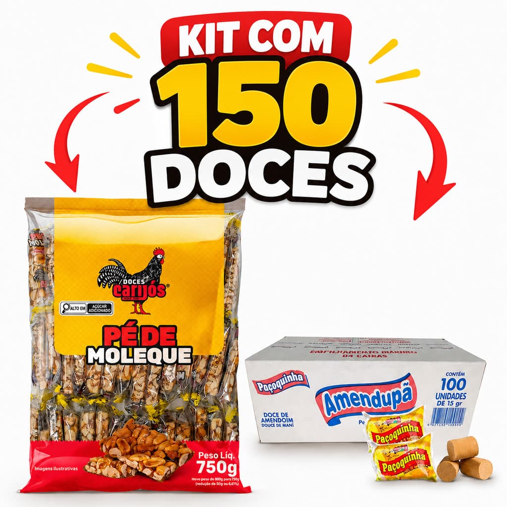 KIT 150 DOCES PACOCA ROLHA 100UN E PE DE MOLEQUE CROCANTE 50UN PARA FESTA JUNINA E SAO JOAO