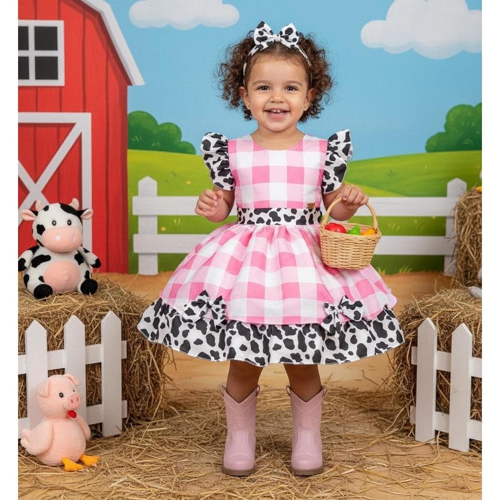Vestido Tematicos Kids Fazendinha Rosa Vaquinha