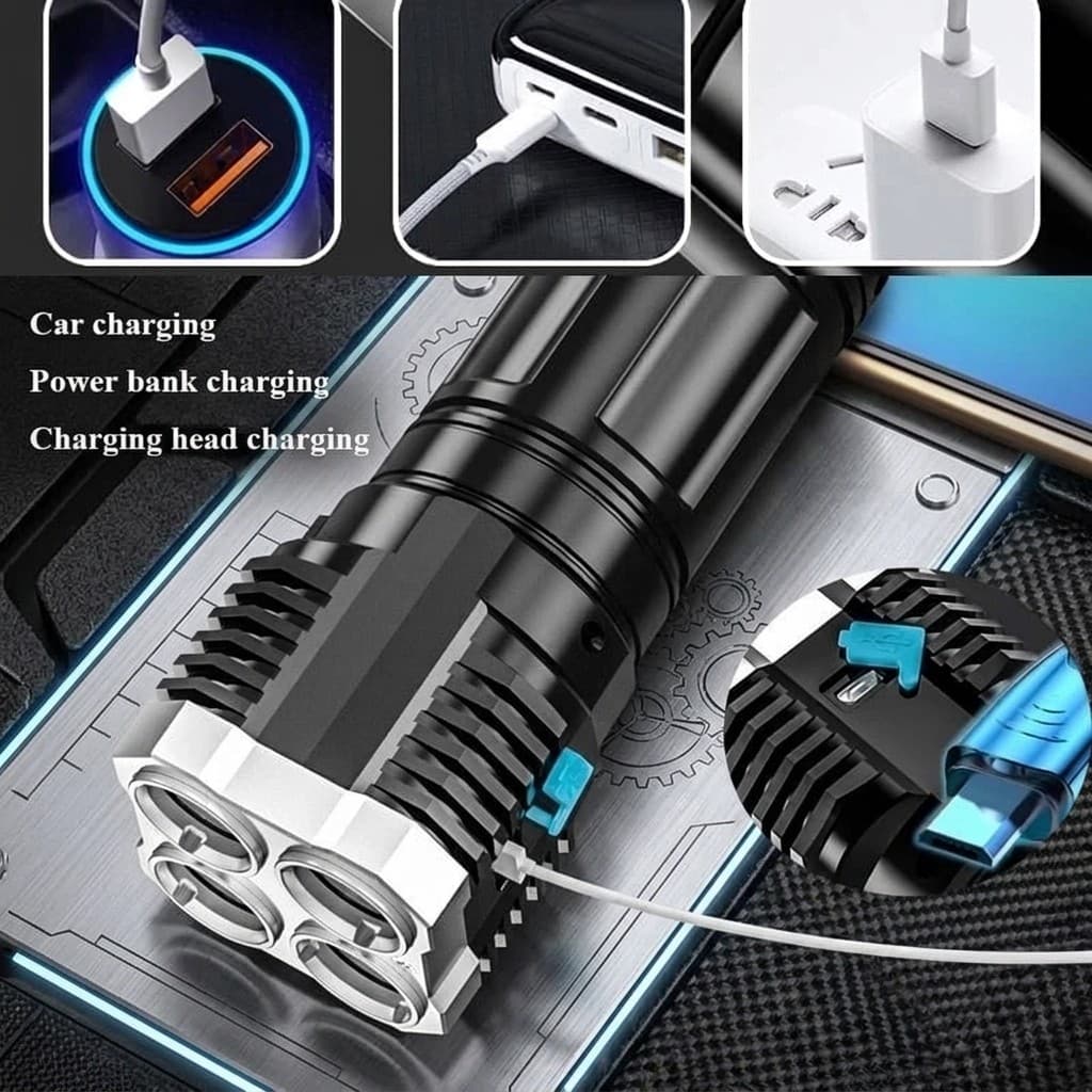 Lanterna LED de Mão Leve Antiderrapante Lanterna Recarregável USB 4 Modos iluminação Camping