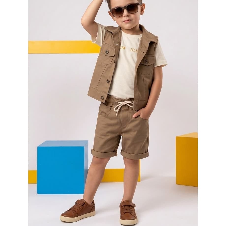 Conjunto Menino 3 Peças Blogueirinho Festa Infantil Safari Mickey Fazendinha Colete com Bermuda Brim e Camisa Algodão