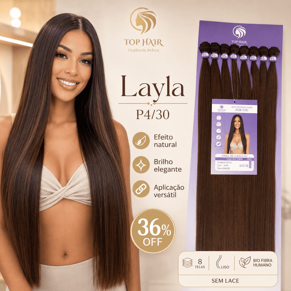 Cabelo Liso Orgânico Bio Fibra 65cm 8Telas 300g Top Hair LAYLA