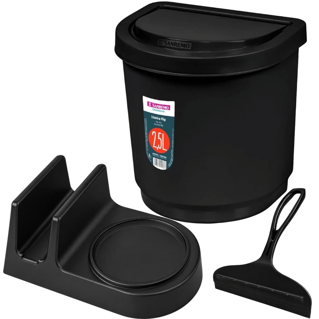 Kit Pia Cozinha Porta Detergente Bucha E Lixeira Com Rodinho Organizador Cor Preto Sanremo 3 Peças