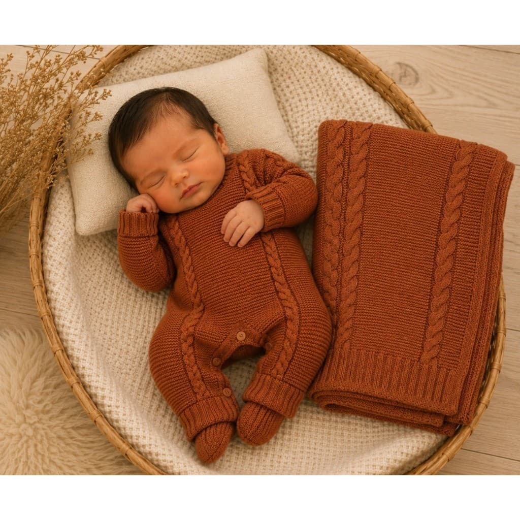 Kit Saída Maternidade Macacão e Manta Trança de Tricô Bebê Reborn RN Roupinha de Bebe 2 Peças