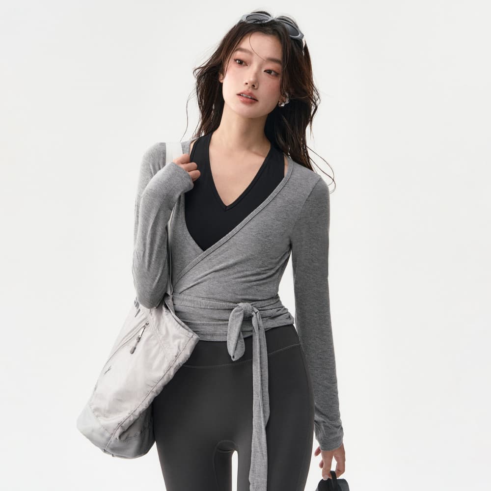 Tete House Roupas de Yoga Blusa Feminina Alças Cruzadas Slim-fit Slimmer Look Roupas Fitness Manga Comprida Linda Pilate