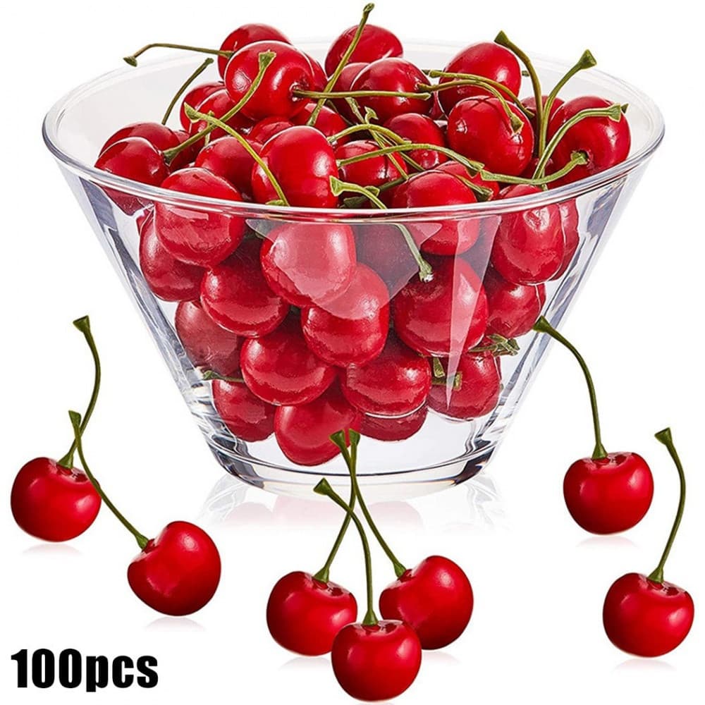 100 frutas falsas de cereja simuladas em plástico, adequadas para decoração de alimentos na cozinha e em casa.