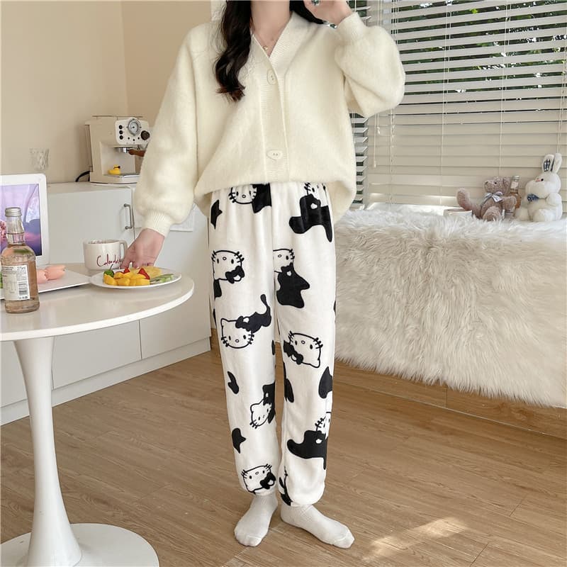 Calças de Pijama Femininas de Lã Coral com Estampa de Gato, Outono e Inverno, Calças Jogger Quentes ZQ2J