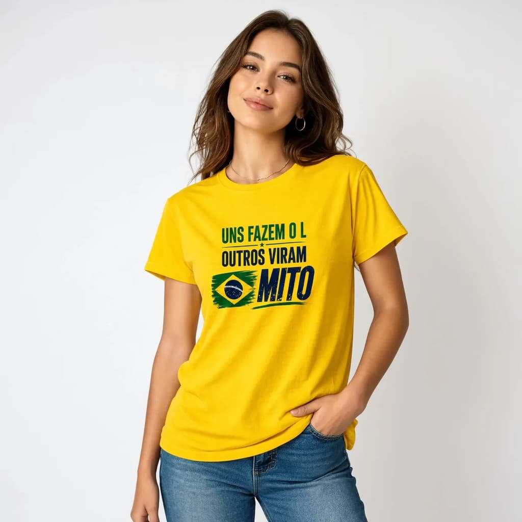 Camiseta Unissex Amarela 100% Algodão Manga Curta Gola Redonda Tradicional Estampa Frase Uns Fazem o L Outros Viram Mito