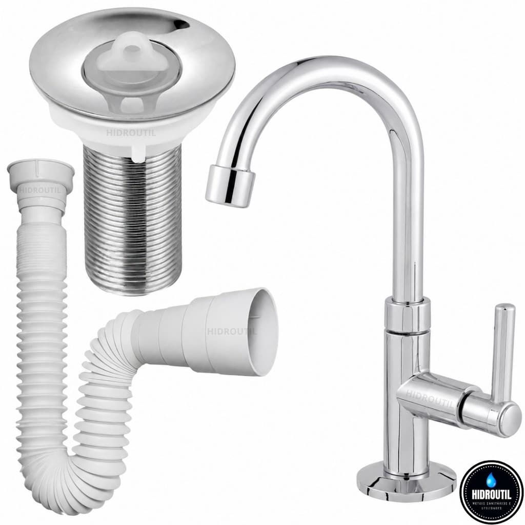 Kit Torneira Tubo Inox Válvula Lavatório ABS Cromada 7/8 Sifão Universal
