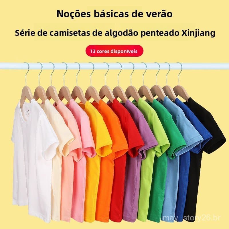 Promoção Imperdível 2026: Compre Uma e Leve Outra Grátis - Camiseta Infantil de Algodão Penteado, 13 Cores, Gola Redonda