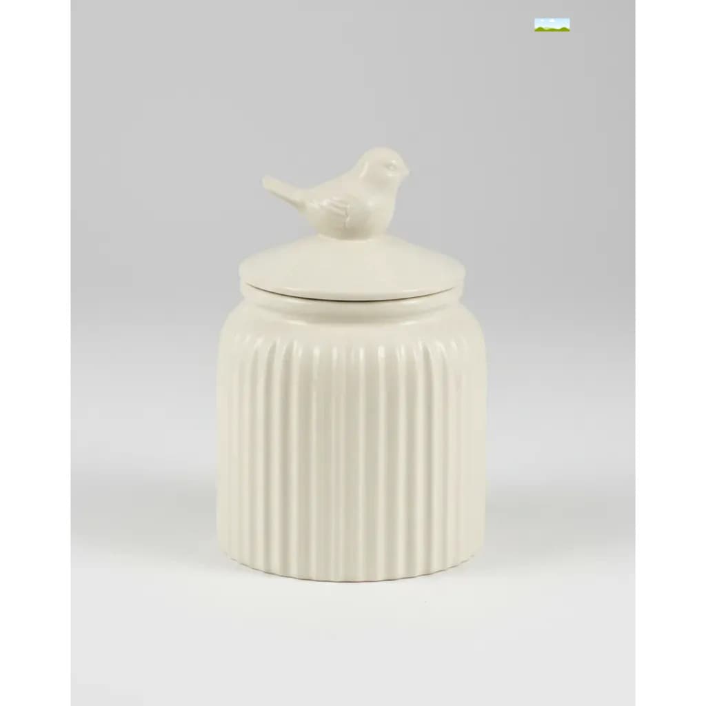 Pote De Cerâmica Canelado Com Tampa Decorativa De Passarinho