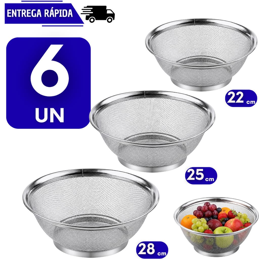 6 Cesta Escorredor Em Aço Inox Utensílios Cozinha Peneira Fritura Legumes Frutas Fruteira Macarrão Arroz Resistente