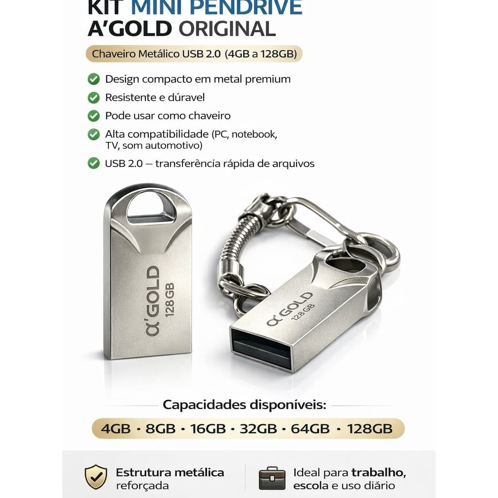 KIT Mini Pendrive Chaveiro Metálico USB 2.0 4GB 8G 16G 32G 64G 128GB 🔑💾 original A’GOLD
