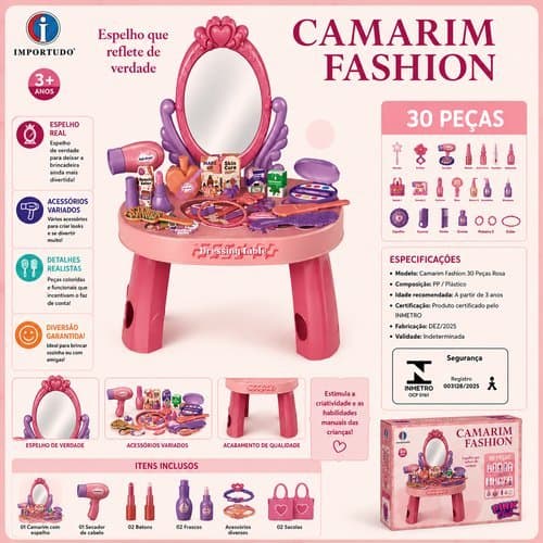 Penteadeira Infantil Com Espelho Kit Beleza 30 Pecas Rosa Menina