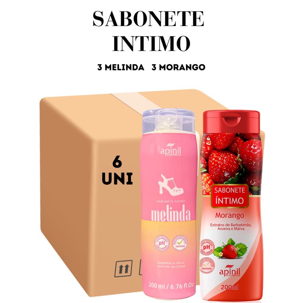 Kit 06 Unidades Sabonete Intimo 3 Melinda 3 Morango 200ML Apinil (Campanha)