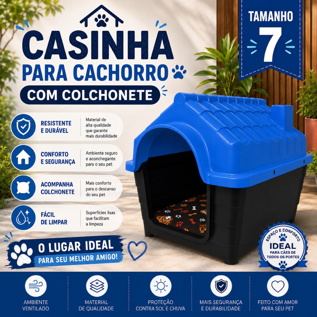 Casinha Plástico Resistente N7 para Cachorro com Colchonete Confortável