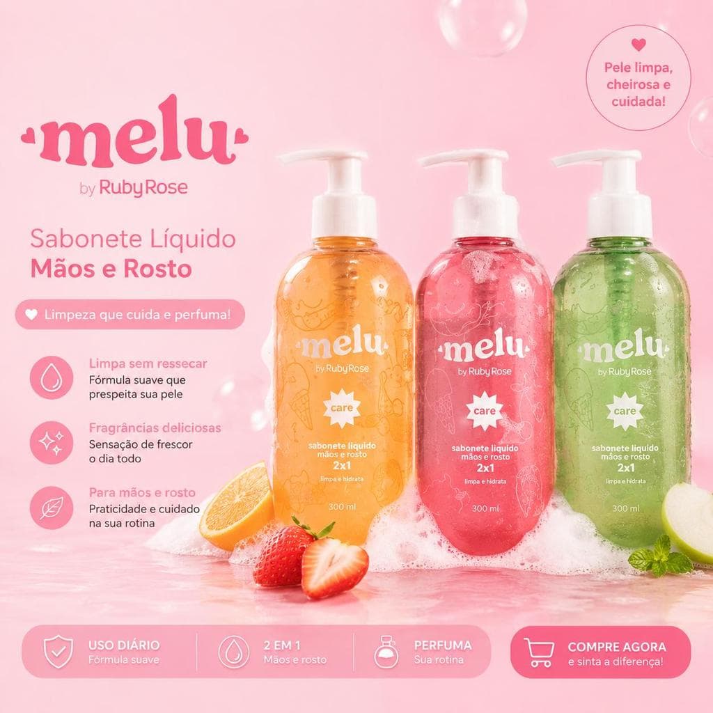 Melu Sabonete Líquido Corporal 2x1 Ruby Rose Limpeza e Hidratação Suave e Eficaz com Fragrância Delicada