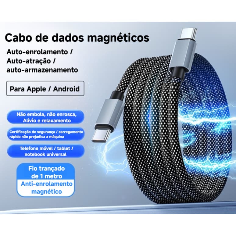 Cabo trançado magnético de carregamento rápido de 66W, cabo de dados de armazenamento, Tablet para celular, cabo de carr