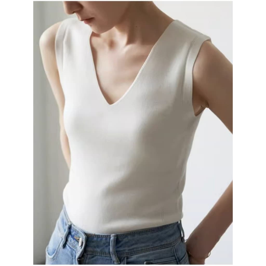 Francês branco com decote em v colete de malha feminino verão fino ajuste terno camisa de fundo interno chique exterior