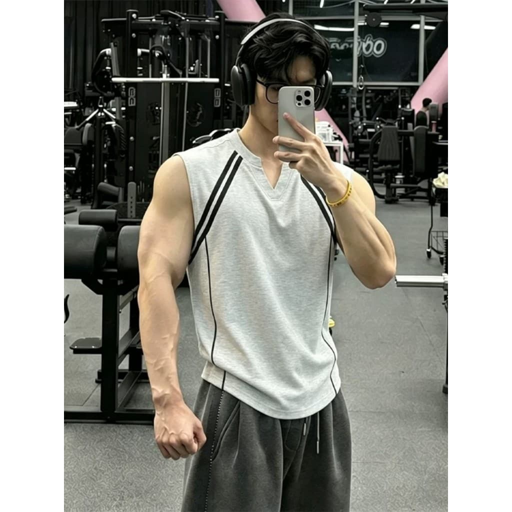 Estilo americano costura listrado com decote em v sem mangas colete de Fitness masculino correndo High-End basquete Unde