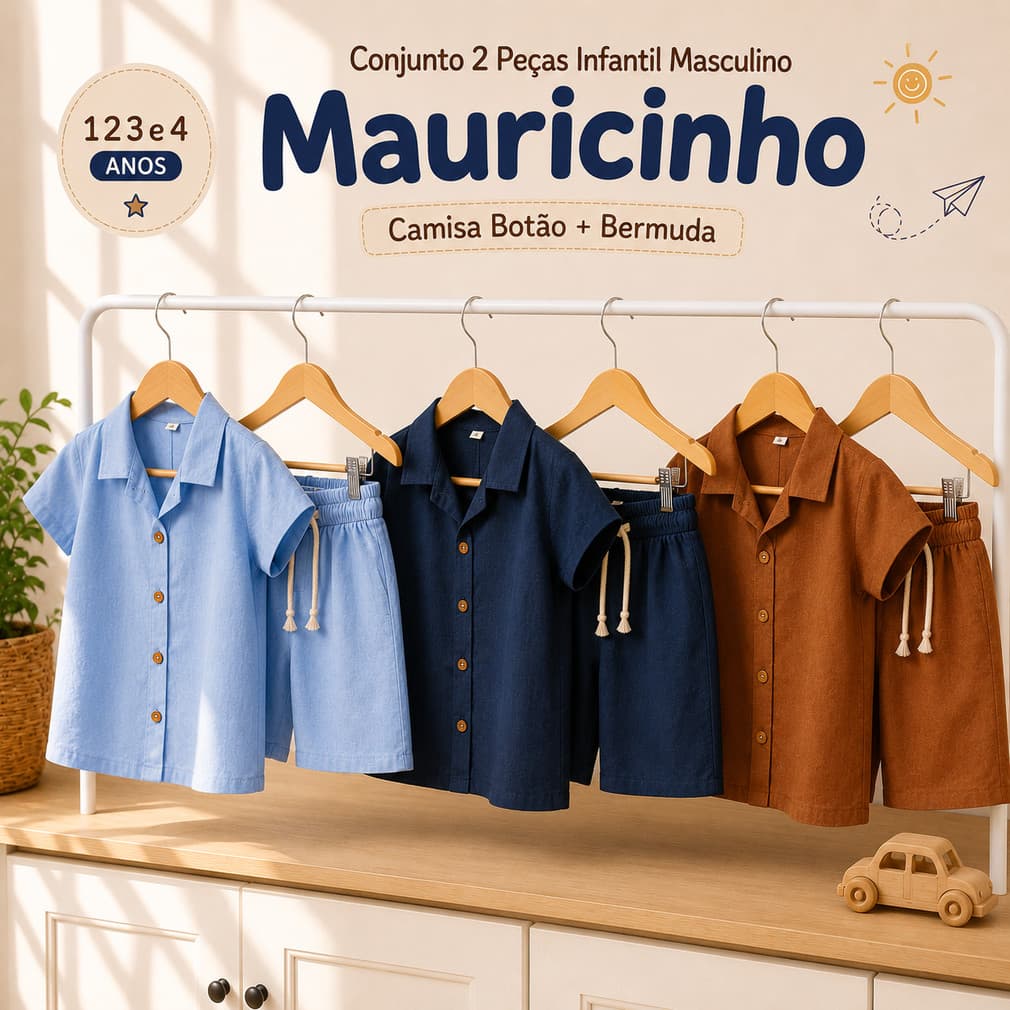 Conjunto 2 Peças Infantil Masculino Mauricinho Camisa Botão + Bermuda 1 2 3 e 4 Anos