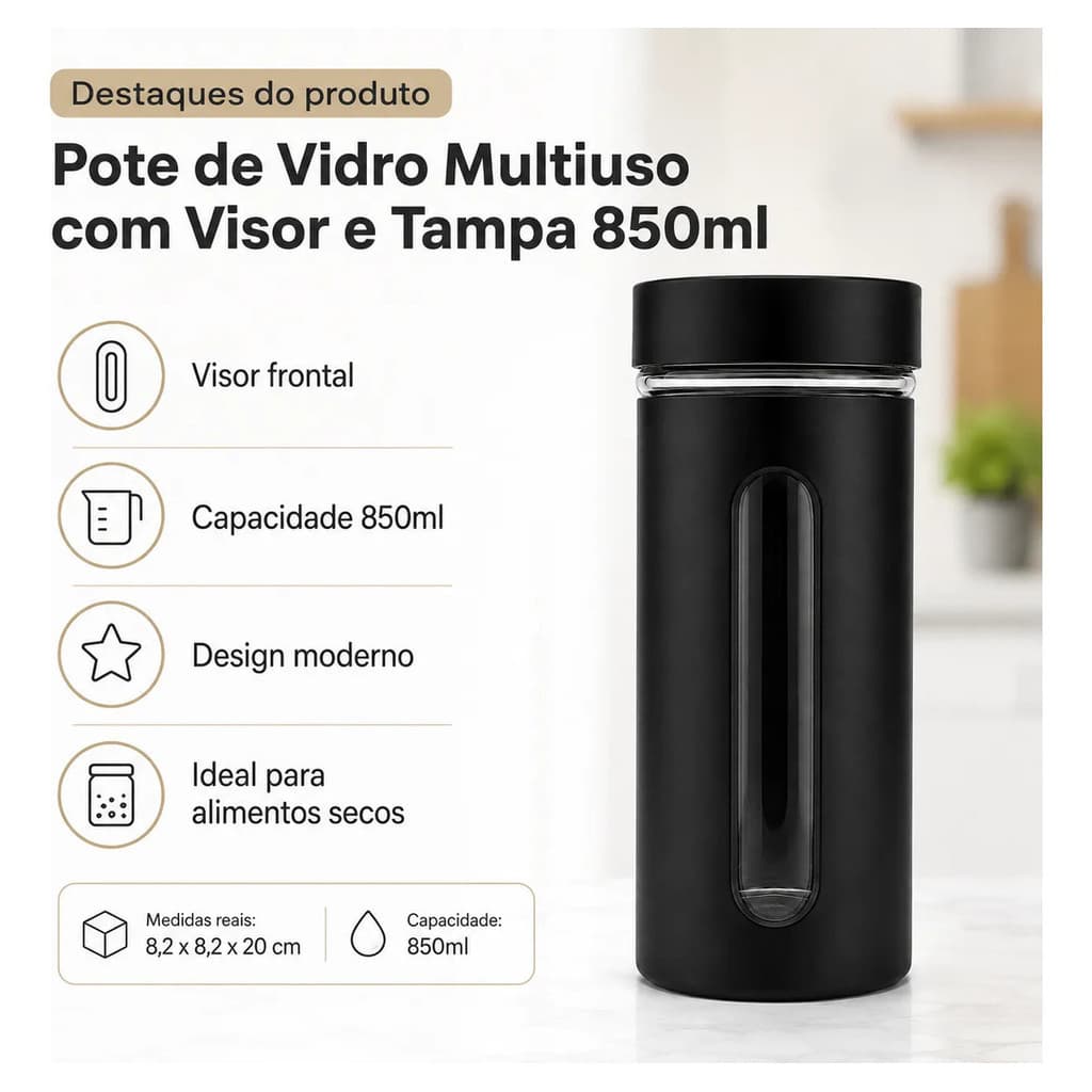Pote de Vidro Organizador 850ml com Visor e Tampa Preta