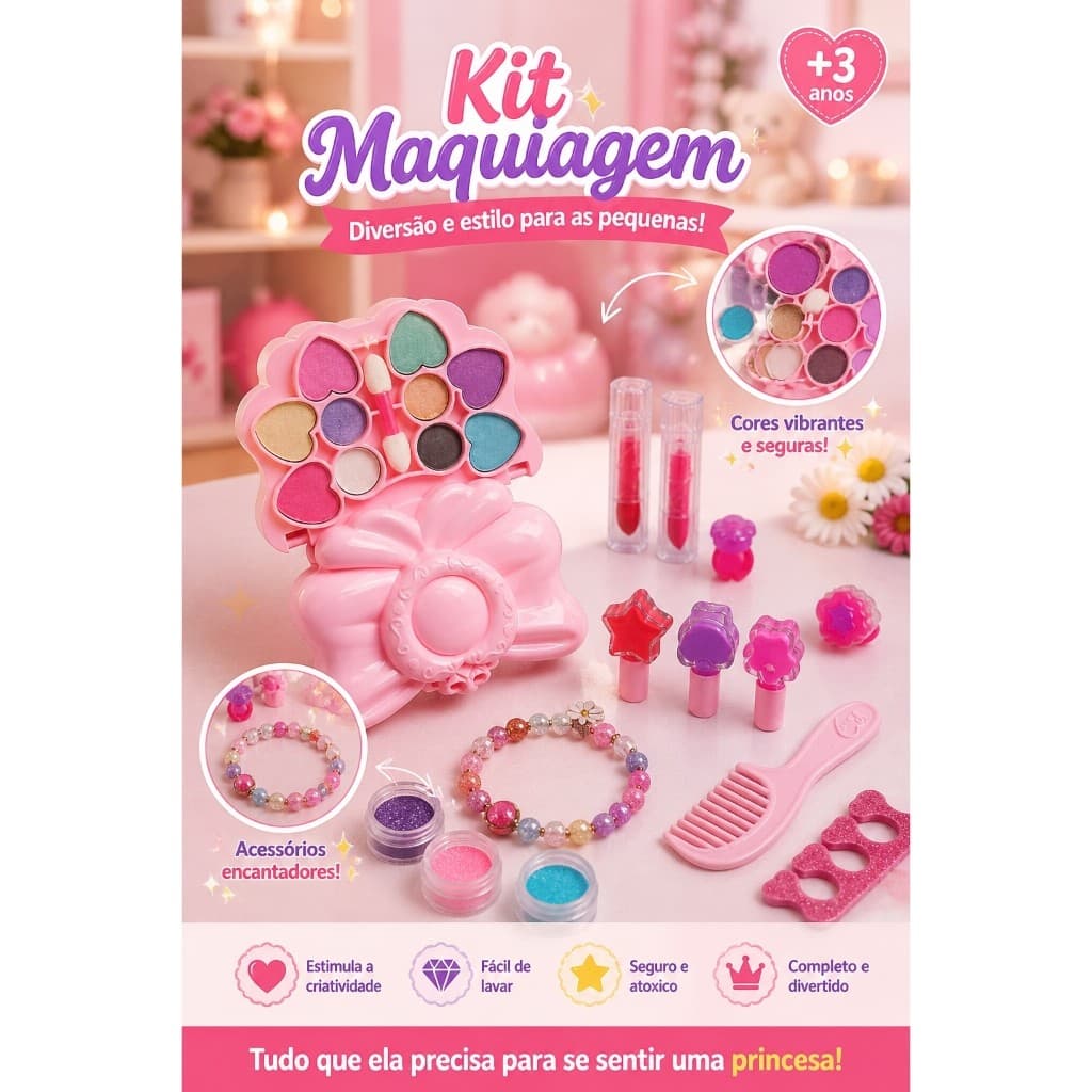 Kit Maquiagem Infantil Fundo Mar Cores Vibrantes Seguro Lavavel Divertido