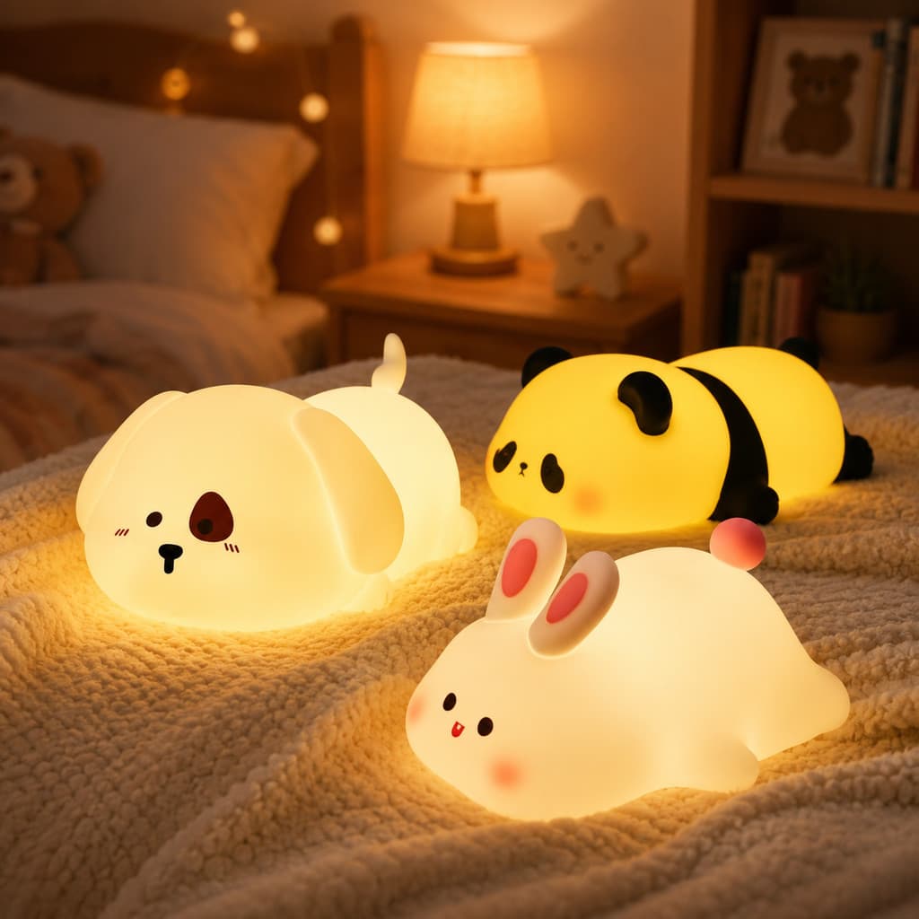 Luminária LED Bichinhos Silicone Toque USB 5 Cores Luz Noturna Infantil Quarto Decoração