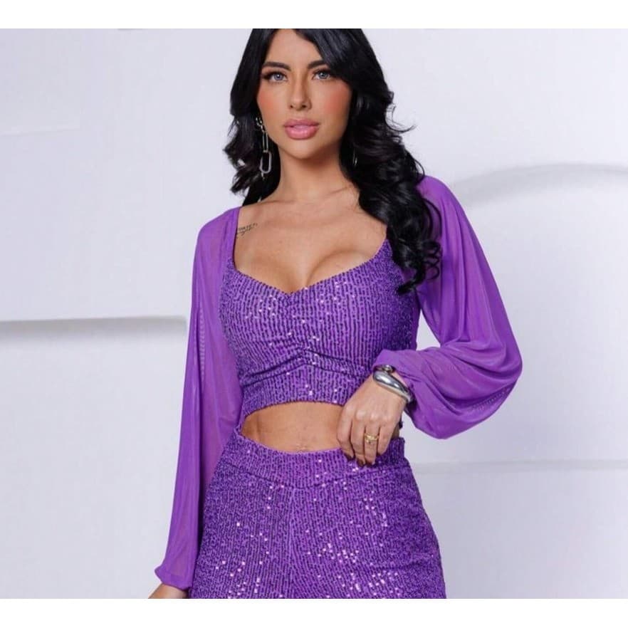 Cropped Feminino De Paetê Manga Longa Tule Transparência Com Brilho Balada Festa Moda Gringa