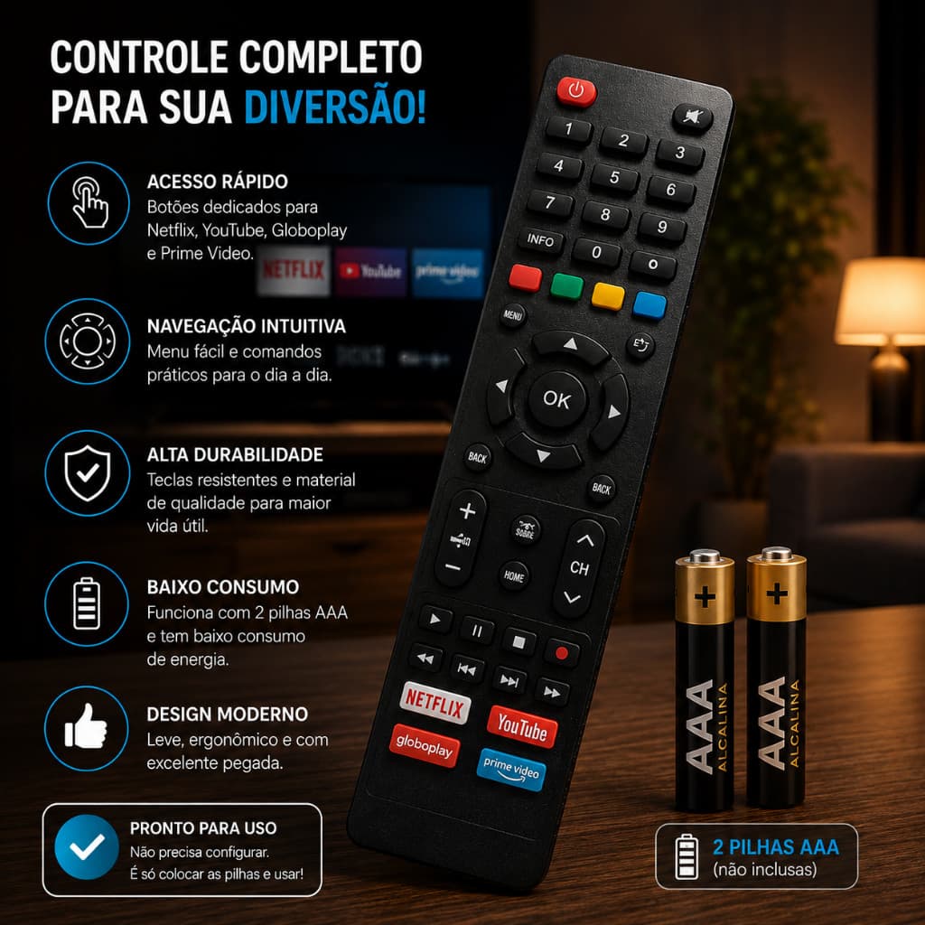 KIT Controle Para TV Philco Smart Netlix Youtube Globoplay Prime Video  FBG 9063 + Pilhas Inclusa