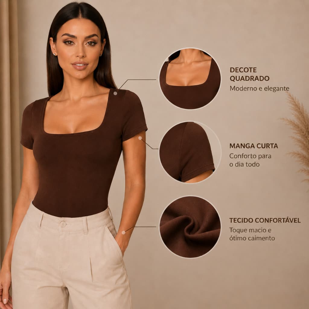 Body Feminino Manga Curta Decote Quadrado Moda Feminina Suplex Forro Premium Blogueira Confortável