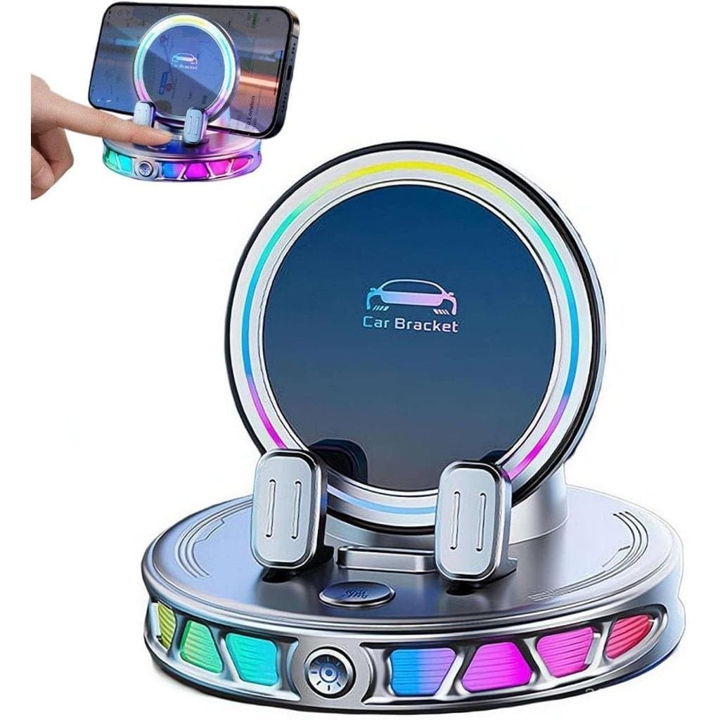 Suporte de Telefone para Carro com Luz Ambiente RGB, Carregamento Sem Fio, Montagem com Fixação Elétrica, 360 ° Suporte