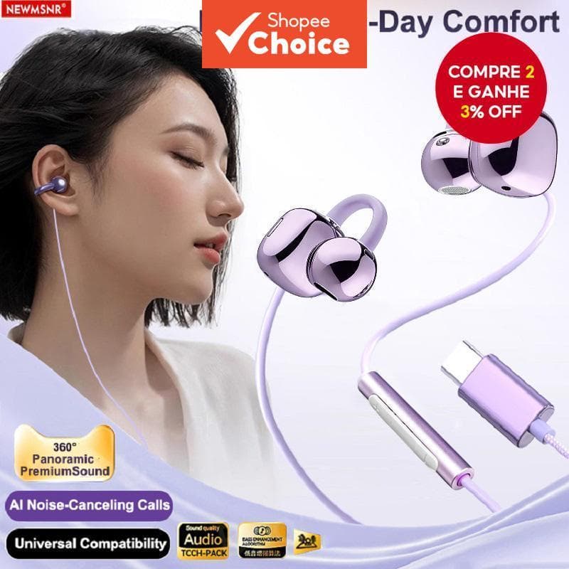 NEWMSNR 2026 Novos Fones De Ouvido Com Clipe De Orelha Fio Fone Indolor TYPE-C Não Intra-Auricular De Alta Qualidade De