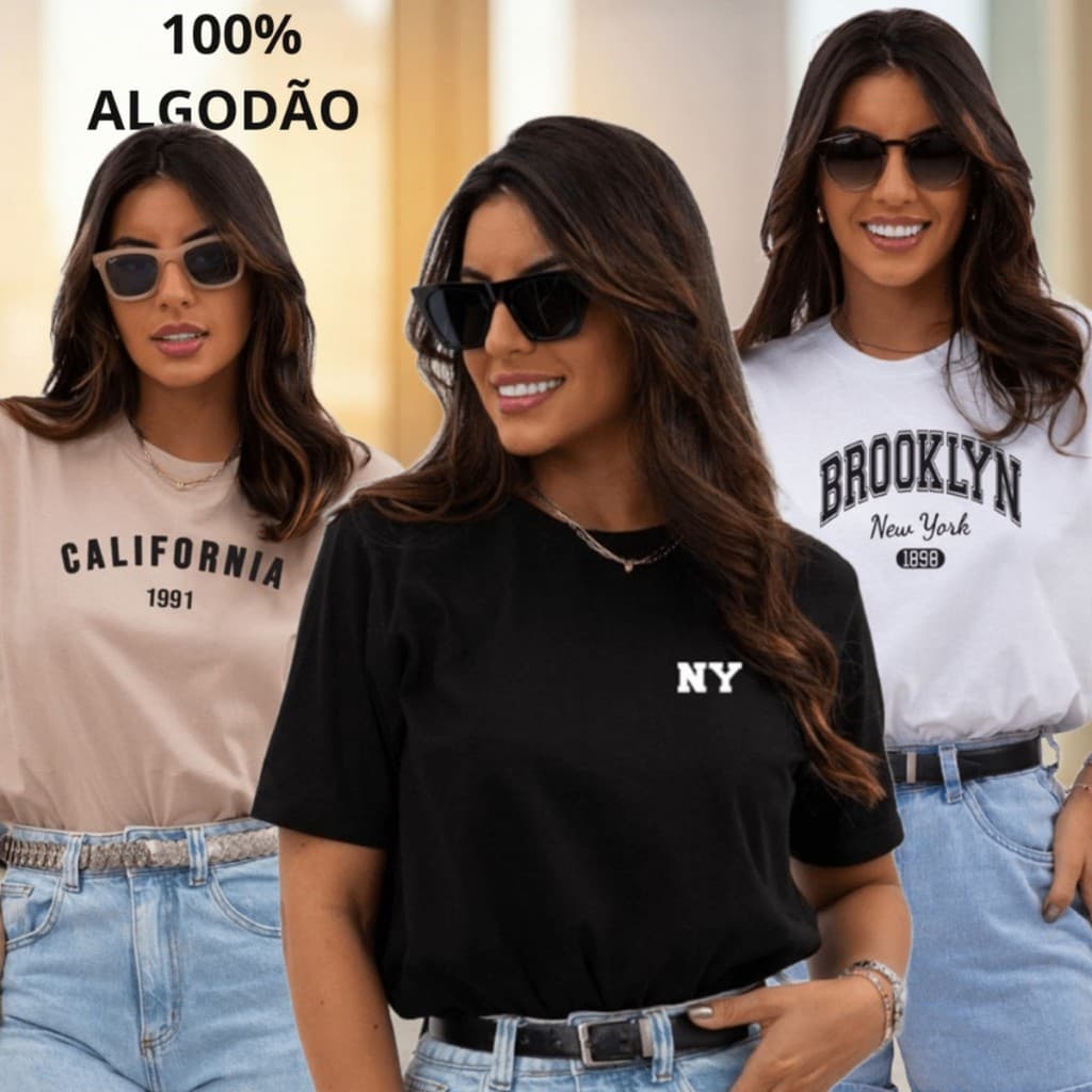 Kit 3 Camisetas Femininas Estampadas 100% Algodão Malha 30.1 Casual Confortável Envio Imediato