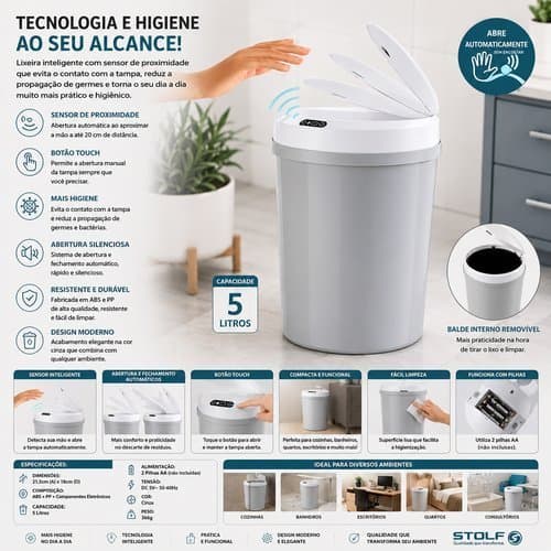 Lixeira Automatica Sensor Movimento 5 Litros Compacta Cinza Moderno