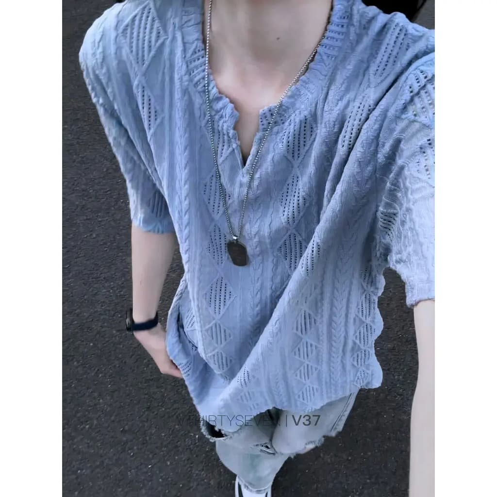 Estilo de dinheiro antigo masculino feminino gola de malha oca verão respirável All-Match camiseta de manga curta rufião