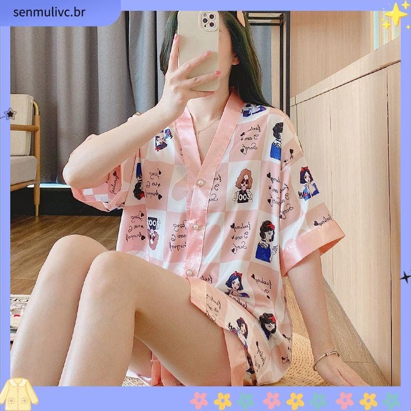 Loja venda quente pijamas femininos verão estilo fino imitação de seda Loungewear gelo seda verão manga curta bonito dos