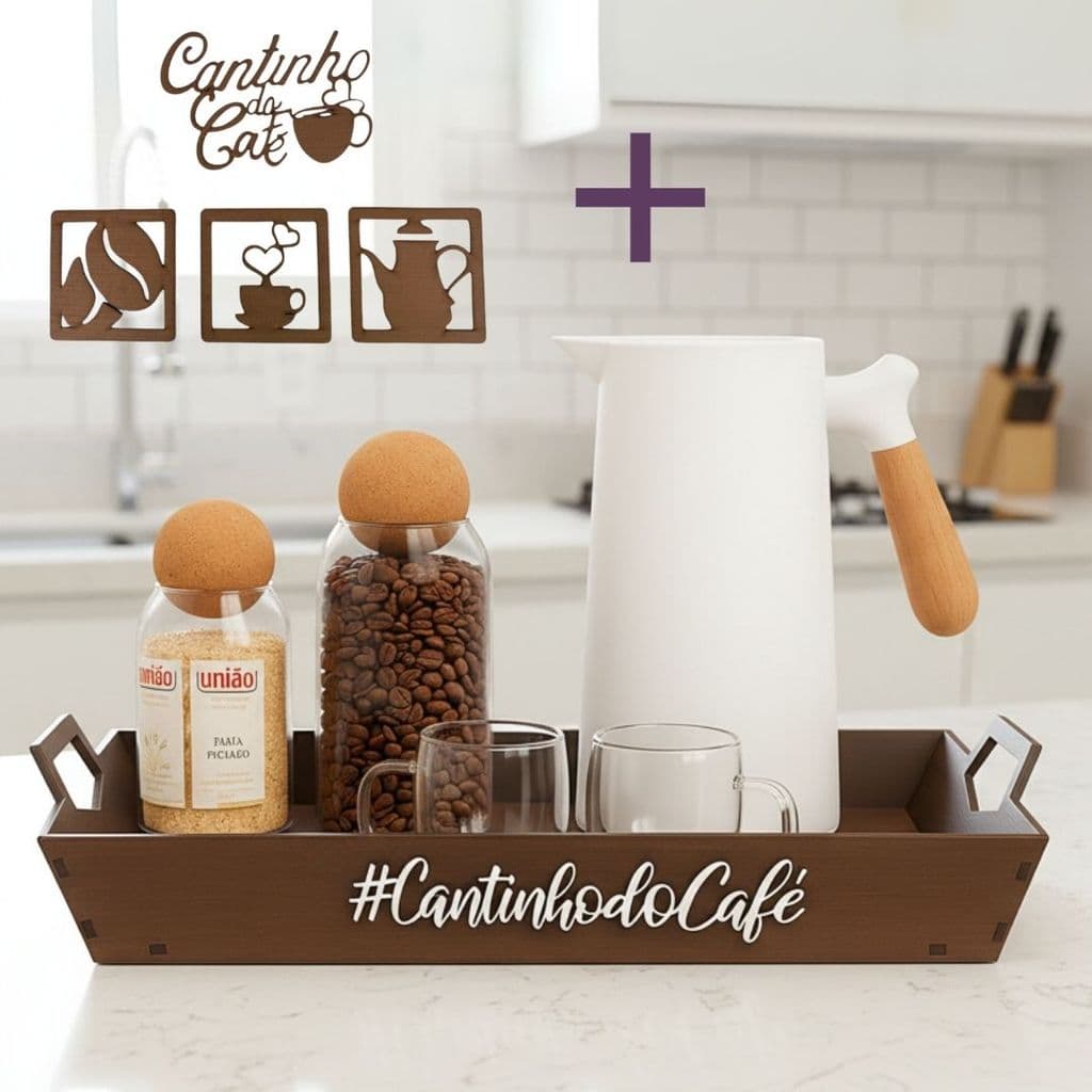 Bandeja Decorativa para Café em MDF com Alças Organizador de Bancada e Cozinha Apoio Garrafa de Café